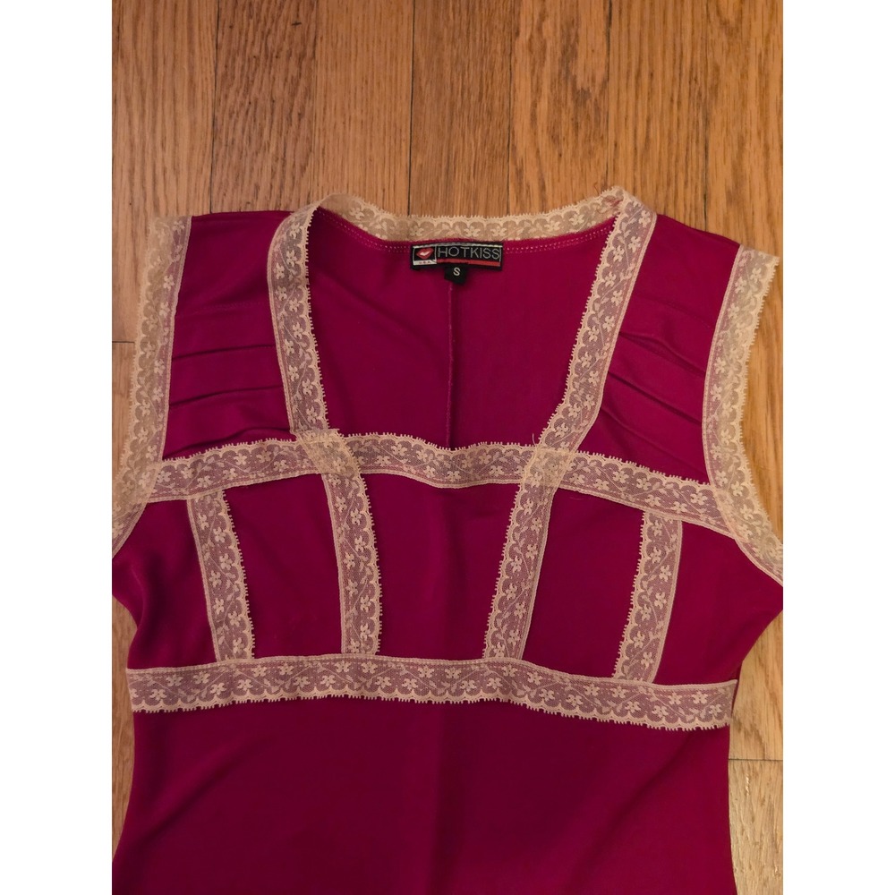Y2K Hot Kiss Pink Lace Trim Empire Waist Midi Dress Coquette Fairycore Sz S - Picture 6 of 9